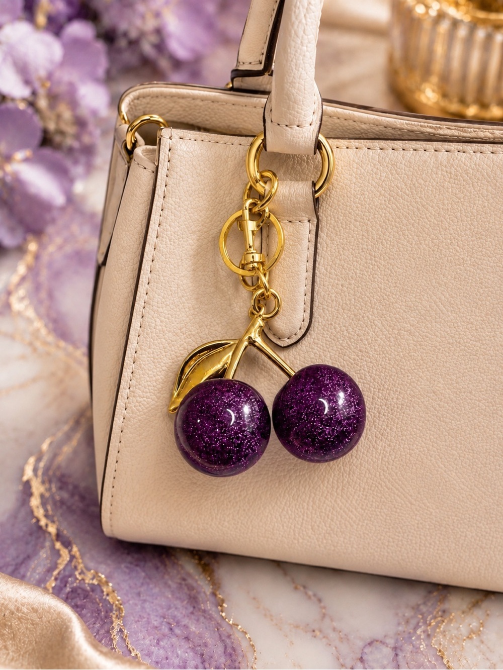 Purple Glitter Cherry Bag Charm Keychain | Gold Tone Statement Purse Charm - Picture 2 of 3